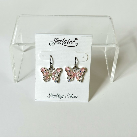STERLING SILVER, Pink & Rhinestone Butterfly Earrings NWT! - Picture 2 of 4